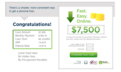 Screenshot of example loan terms and form to complete your loan.