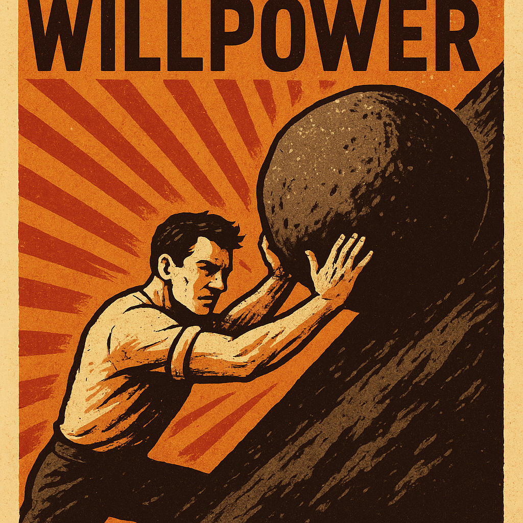 illustration conveying willpower - man pushing rock up the hill