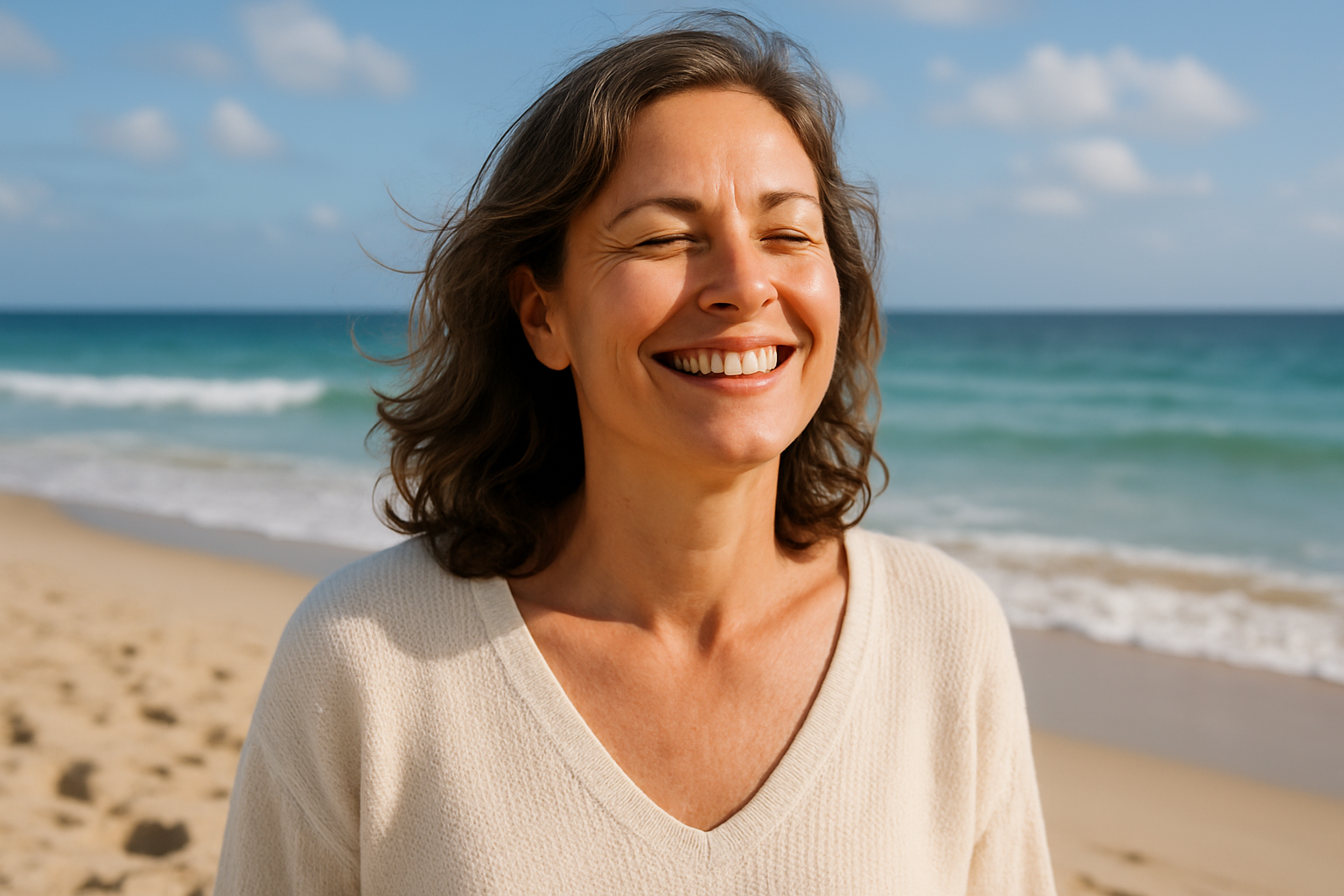 photo of a happy and content lady on the beach