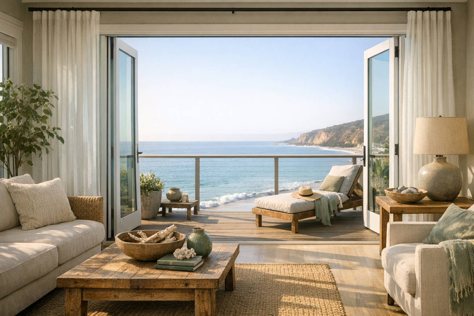 Room with ocean view and sea-inspired decor.