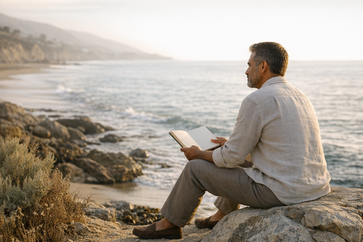 A person sitting on a rock near the water, looking out.