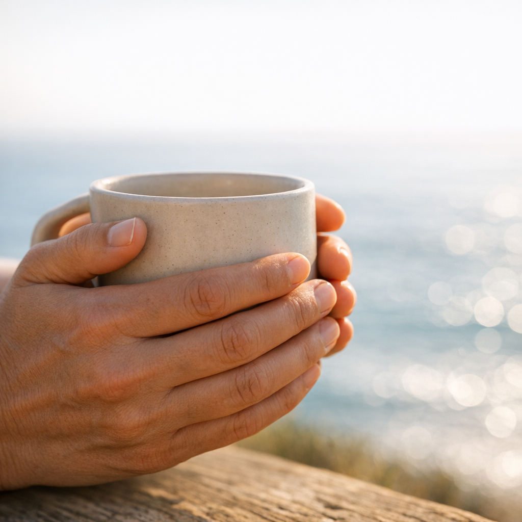 Close-up of hands holding a ceramic mug outdoors with the ocean in the background.