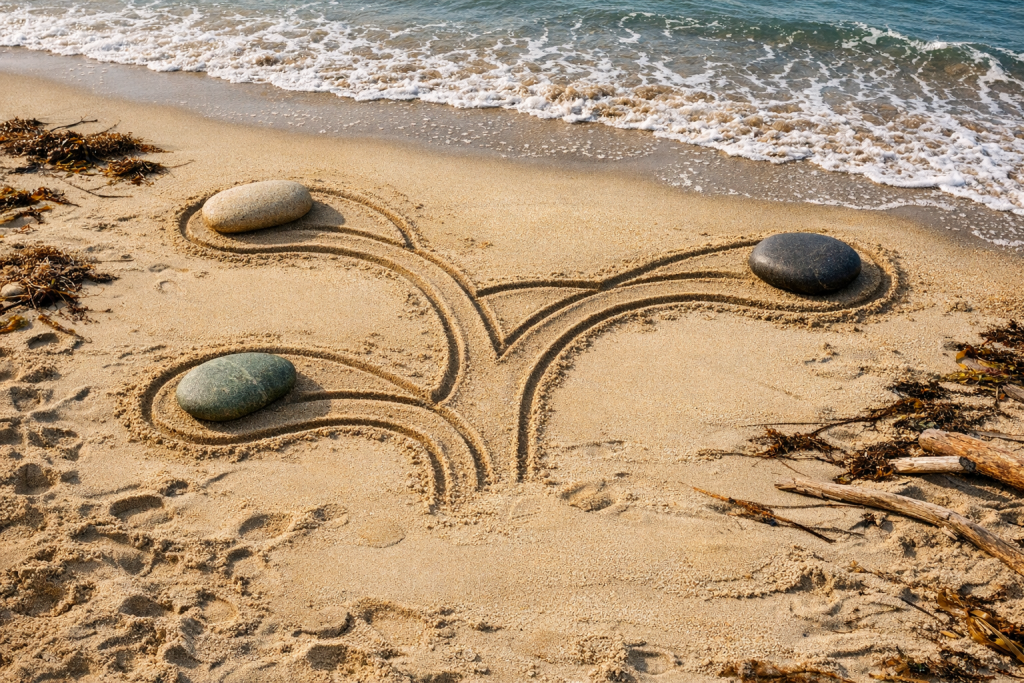 Birds-eye view of interconnected paths on a beach, symbolizing stages of relapse.