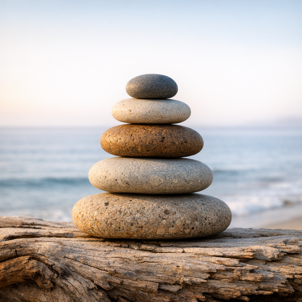 Close-up of balanced stones on driftwood by the ocean, symbolizing resilience.