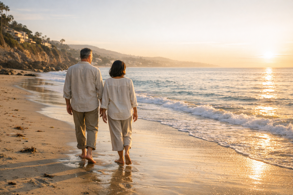 Two people walking on a quiet Malibu beach at sunset.