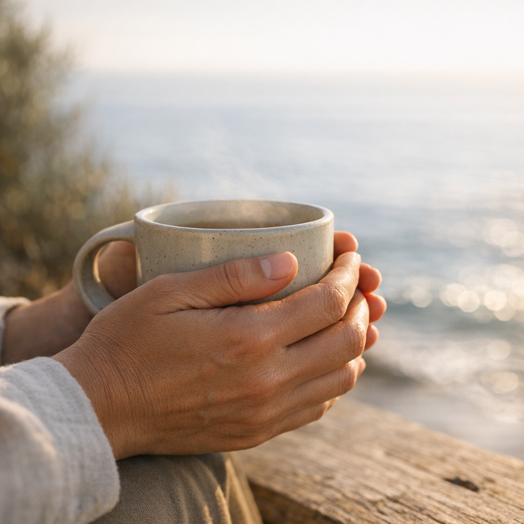 Hands holding a ceramic mug with the ocean in the background.