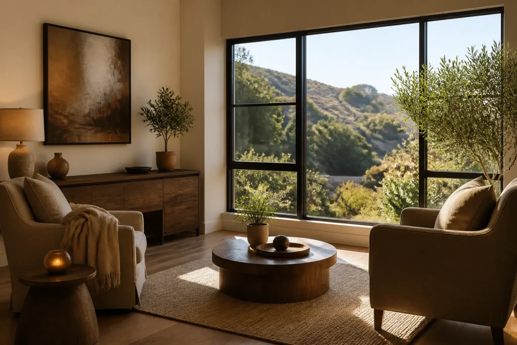 Serene therapy room with natural light and canyon view.