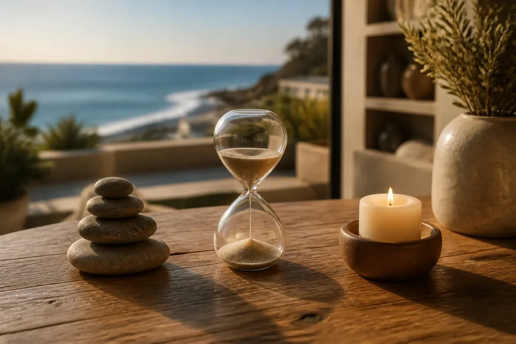 Close-up of stones, sand timer, and candle on table with ocean view.