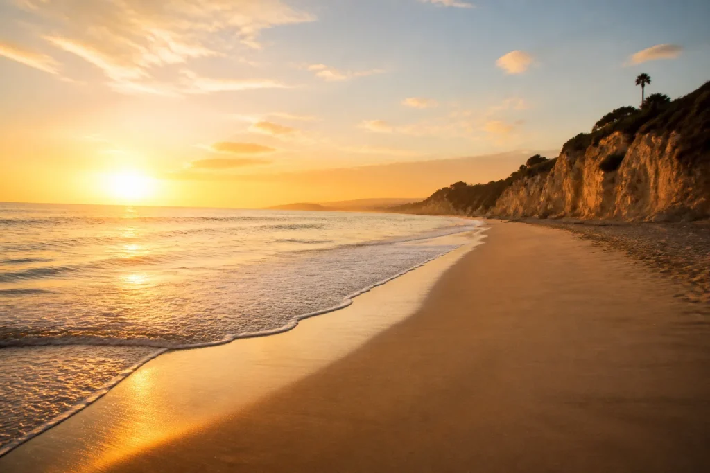 Sunrise over Malibu coast with gentle waves and warm glow.