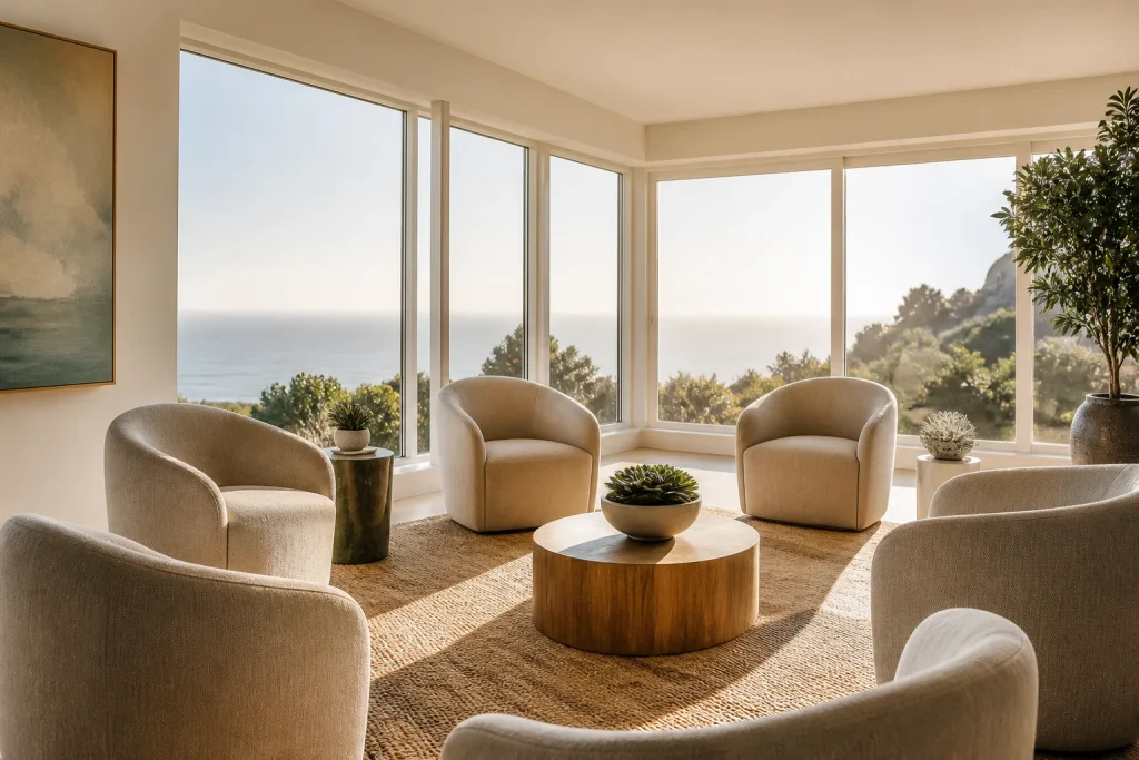 A sunlit therapy room with chairs in a circle and ocean view windows.