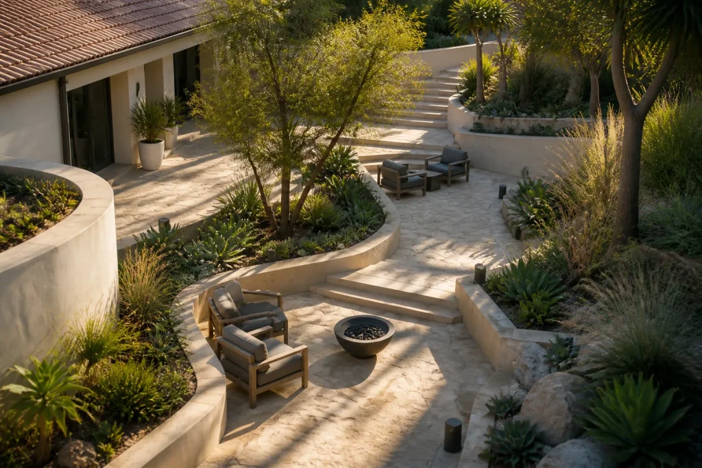 A tranquil courtyard garden with native plants and stone pathways.