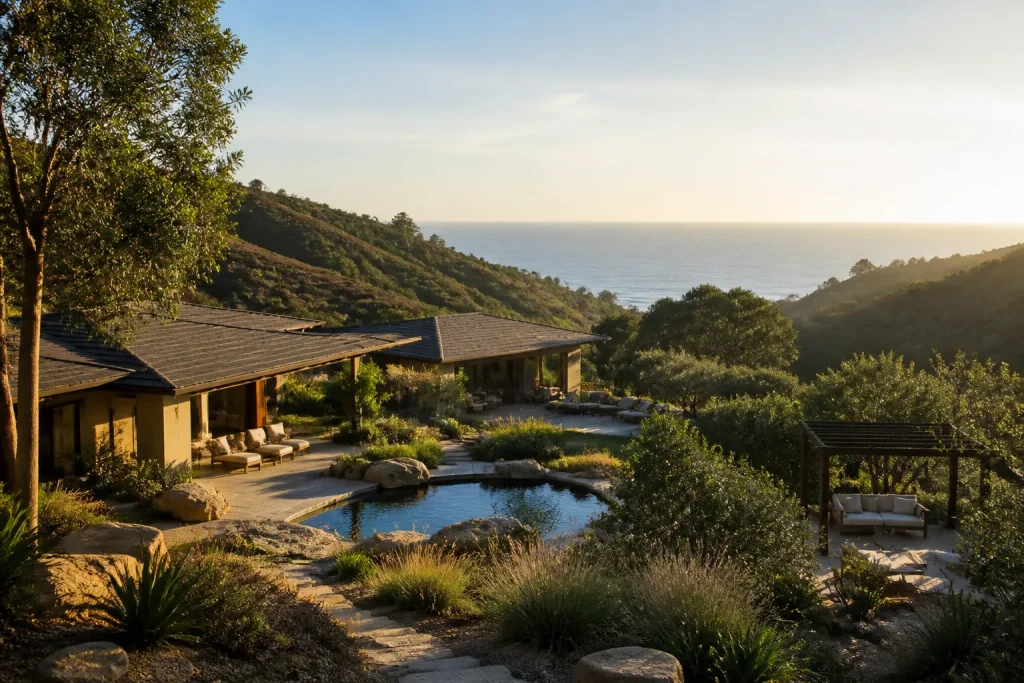 Private treatment center in Malibu nestled in a canyon with ocean view.