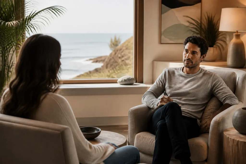 Cozy therapy room with natural light and coastal decor.