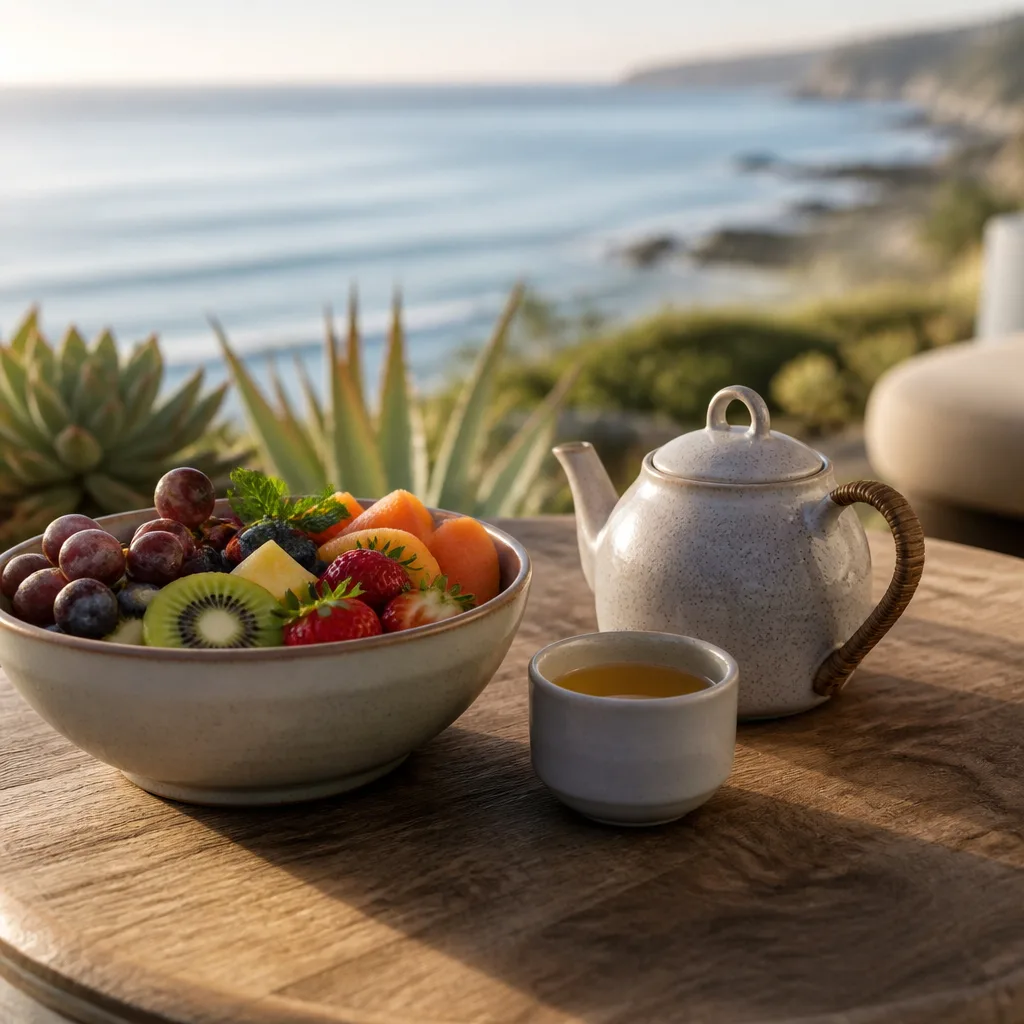 Ceramic bowl with fruit and herbal tea on a table with ocean view.