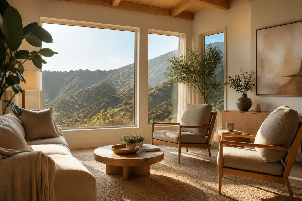 Sunlit interior room with canyon views and warm inviting decor.