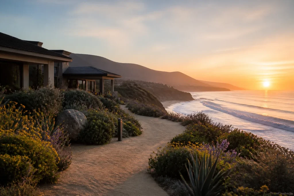 Golden dawn light over Malibu coast, with ocean waves and native plants.