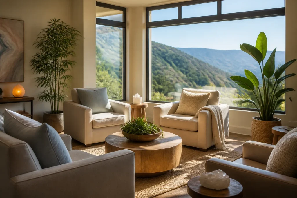 Sunlit therapy room with armchairs and canyon view through large windows.