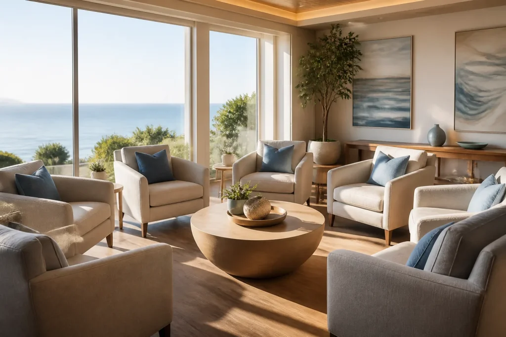 Serene interior therapy room with natural light and cozy armchairs.