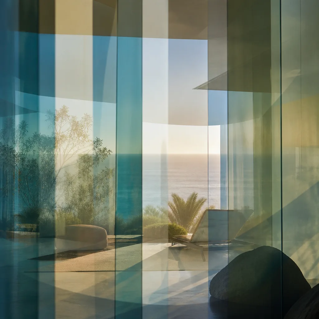 Interconnected translucent layers in warm tones symbolizing projection.