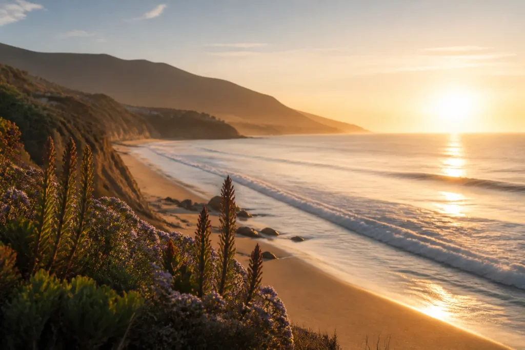 Malibu coastal landscape at sunrise with ocean and sandy shore.