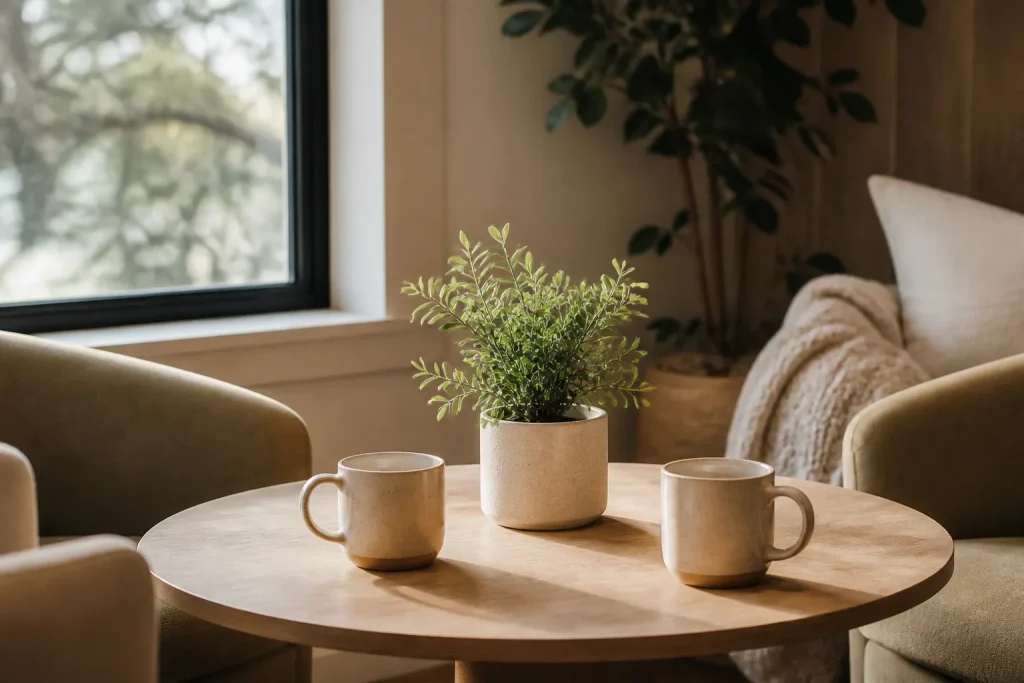 Close-up of a table with a potted plant and mugs in warm interior light.